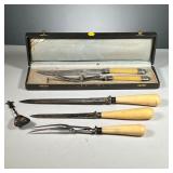 (7PC) CARVING & SERVING UTENSILS | Includes: Guelon Carving set in box, silver plated decorative spo