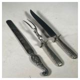 (3PC) SILVER PLATE SERVING SET & PAGE TURNER | Including a carving knife and serving fork set, and a