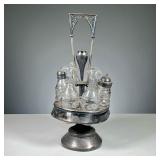 (7PC) ANTIQUE CONDIMENT HOLDER | Rotating condiment holder including: salt & pepper jar, sugar jar, 