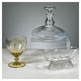 (3PC) GLASS DECANTER & BOWL | Includes circular glass decanter with top, oval shaped cut glass bowl 