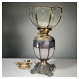 PAINTED GLASS OIL LAMP | Success painted glass oil table lamp with beveled glass lampshade, electrif