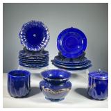 (18PC) COBALT BLUE DISHES WITH GILT DECORATION | Includes: 3 large serving dishes, 2 dinner plates, 
