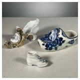 (3PC) DELFT & OTHER PORCELAIN SHOES | Including a Delft blue and white shoe (l. 6.5 in.), an unmarke