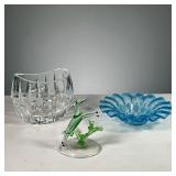 (4PC) COLORED GLASS FIGURINE AND BOWLS | Includes: colored green glass figurine of a deer, blue colo