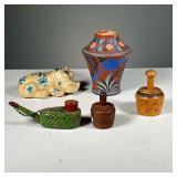 (5PC) ASSORTED WOOD & CERMICS | Colorful decorative objects, including a painted Hippo, a ceramic va
