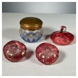 (4PC) ASSORTED GLASS TRINKETS | Includes pair of pink flowers from Czechoslovakia, a red lid with bl