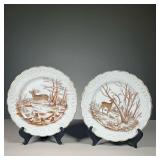 (2PC) PAIR AUSTRIAN DEER PLATES | Hand-painted with scenes of deer running through a snowy forest, w