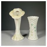 (2PC) BELLEEK FLOWER VASES | Including a cream lily shaped vase and a vase with woven basket pattern