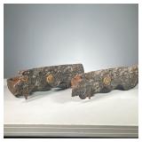 (2PC) CAST IRON ASH PANS | Pair of cast iron ash pans cast to look like bark with removable front pi