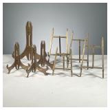 (8PC) BRASS EASELS | Includes: 4 brass folding easels and 4 brass 3-point easel with hooks. Dimensio