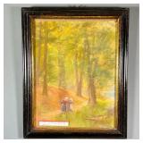 PASTEL COUNTRYSIDE SCENE | Pastel countryside scene featuring two women collection wood, in a gilt t