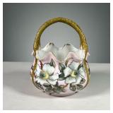 HAND PAINTED PORCELAIN BASKET | Signed JMH, hand painted floral decoration with gilt edge and border