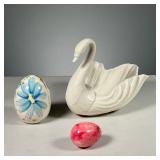 (3PC) CERAMIC SWAN BOWL WITH DECORATIVE EGGS | Includes: Lenox white ceramic swan bowl and 2 painted