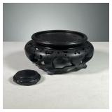 (2PC) CARVED WOODEN STANDS | Asian black carved wooden stands. Dimensions: h. 3.5 x dia. 7 in All Co