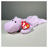 1994 "HAPPY" TY BEANIE BABY | "Happy" hippo with lavender fabric, PVC pellets, style 4061 with swing