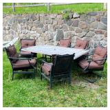(7PC) PATIO TABLE & CHAIRS | Outdoor dining and lounge suite by Martha Stewart, black aluminum arm c
