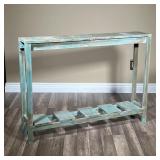 OPEN SHELF IN DISTRESSED GREEN PAINT | Two tier rustic shelf in green paint with white stenciling of