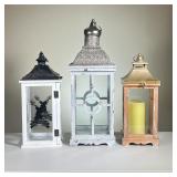 (3PC) DECORATIVE LANTERNS | Tallest Lantern with white Wood and a silver-toned metal top. Unfinished