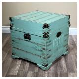 AQUA BLUE WOODEN CHEST | Painted square wooden storage chest with brass accents on corners and paint