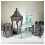 (5PC) LANTERN GROUP | Including: Wooden lantern with dark metal top and 3 candles Round wood with gr