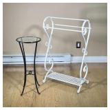 (2PC) ROUND TABLE & TOWEL RACK | Including a white painted metal towel rack with three bars and scro