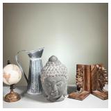 (4PC) DECORATIVE ITEMS | Tabletop home decor, including an East Indian bust in plaster. Tree bookend