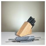(2PC) HENCKELS KNIFE BLOCK & GRANITE ROLLING PIN | Including a J. A. Henckels knife block with misc.