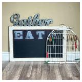 (3PC) DECORATIVE SIGNS | Includes: metal & wood “Gather” sign, birdcage decoration with clothespins,