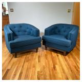 (2PC) MODWAY TUFTED LOUNGE CHAIRS | Mid-century modern style club / armchairs, blue tufted upholster