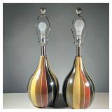 (2PC) PAIR PAINTED GOURD FORM LAMPS | Table lamps with vertical stripe painted decoration - h. 15 in