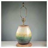 ART CERAMIC LAMP | Art pottery table lamp with wood top and base, ovoid shape with ombre gradient gl