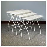 (3PC) NESTING PATIO TABLES | Outdoor Garden/patio tables, white painted frames with scroll sides. - 