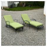 (2PC) PATIO LOUNGE CHAIRS | Two similar green painted lounge chairs, with green striped cushions. - 