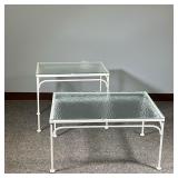 (2PC) PEBBLE GLASS PATIO TABLES | Possibly Russel Woodard, white outdoor patio side / low tables wit