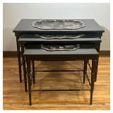 (3PC) NESTING TRAY TABLES | Black lacquered trays with mother-of-pearl inlay scenes, set into three 