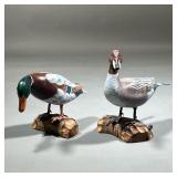(2PC) CARVED SHOREBIRDS | Carved and painted wood ducks, including a Mallard Drake. l. 13 x w. 8 x h