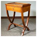 ANTIQUE SIDE TABLE | Wooden end table with a single drawer and 3/4 gallery top, over harp form suppo