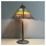 SLAG GLASS LAMP | Copper table lamp: colored slag glass lamp shade on a copper base. h. 23-1/2 x dia
