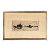 D.Y. CAMERON ENGRAVING | David Young Cameron RA (1865-1945) Watery landscape Showing figures in a bo