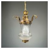BRASS LIGHT FIXTURE | Hanging ceiling light fixture cut glass with brass hardware. - h. 9.5 x dia. 9