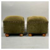 PAIR VELVET FOOTSTOOLS | Green velvet upholstered foot rests with cushion tops, on wood bun feet, wi