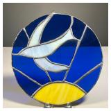 STAINED GLASS DECORATION | Hand wrought stained glass window hanging with a bird and sun. - dia. 10 