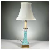 ENAMELED TABLE LAMP | Blue enameled Chinese style table lamp with a tapered white shade, on a brass 