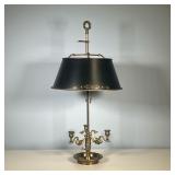 BRASS TOLE LAMP | Brass oil lamp/candelabra with bird-form arms, with a black tole shade, electrifie