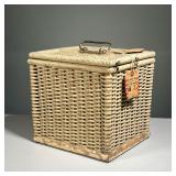 ANTIQUE PICNIC BASKET | Wicker lunch basket with fitted metal interior central lid, having a Grand C