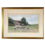 COUNTRYSIDE WATERCOLOR | Farmscape Watercolor on paper Signed lower right Showing sheep before outbu
