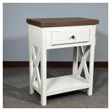 RUSTIC SIDE TABLE | White painted side table with a single drawer and a wood top. - l. 22.5 x w. 13 