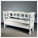 WHITE PAINTED COUNTRY STORAGE BENCH | Tons of character - scroll arms, triple figured splats (matchi