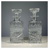 (2PC) PAIR CUT CRYSTAL DECANTERS | Pair of square cut crystal decanters. - l. 4 x w. 4 x h. 11 in