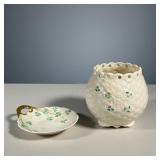 (2PC) BELLEEK ITEMS | Including a small Irish Belleek cache pot with a gilt-handled dish or saucer, 